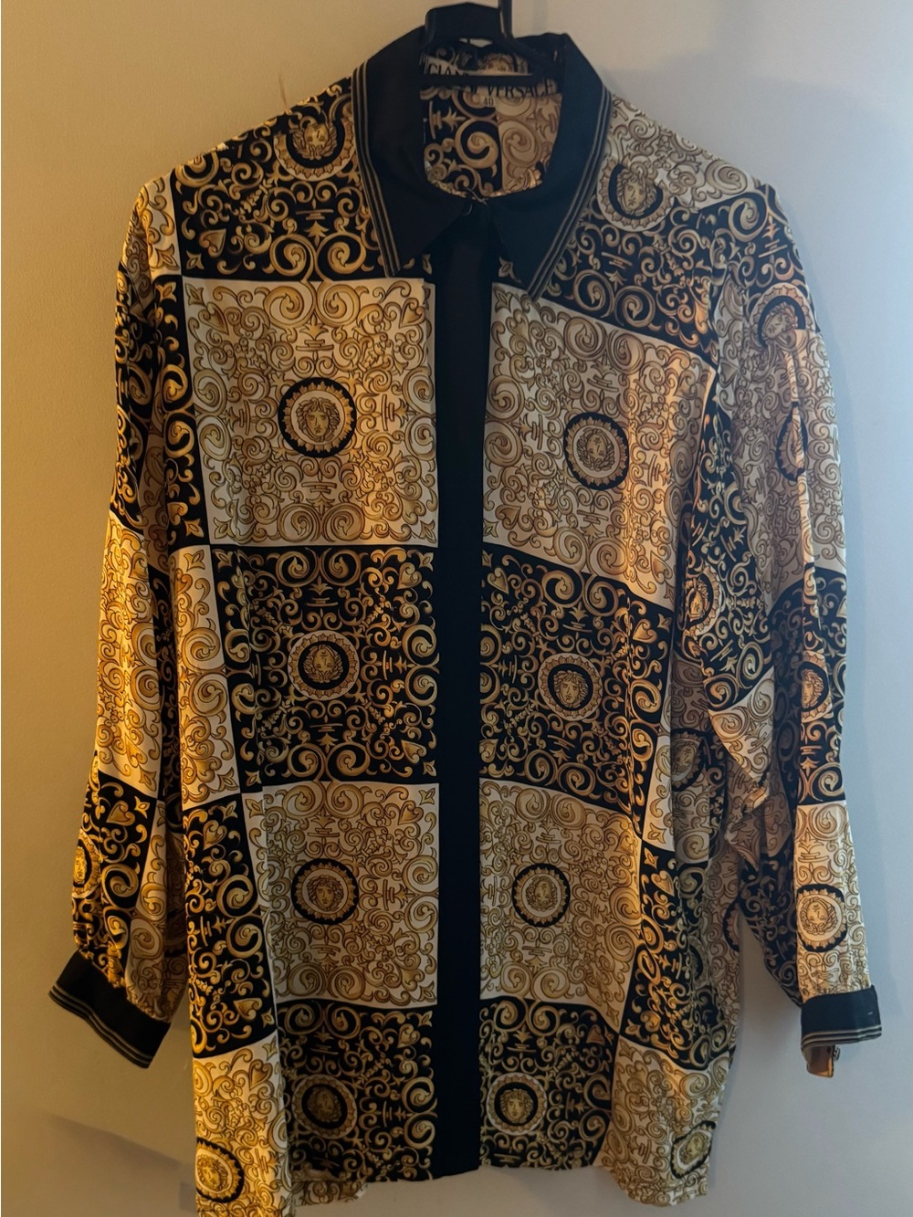 VERSACE Silk Gold and Black Patterned Button-Up Shirt Size Fits L /XL